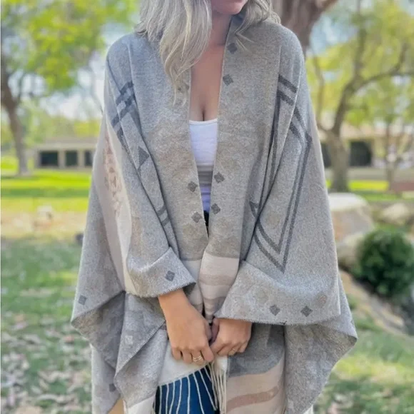 Grey Multi Aztec Ruana with Tassel - Picture 3 of 4